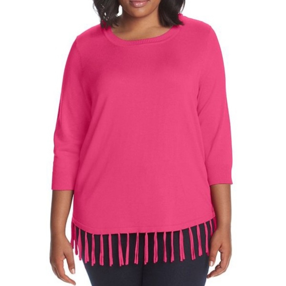 Pink Plus Size 3/4 Sleeve Fringe Sweater